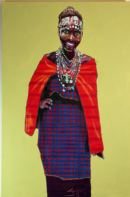 Girl With Phone. $2400. 24 X 36. Acrylic and Paper on Canvas