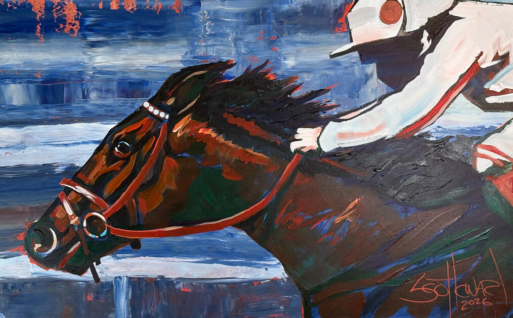 Derby Day. $2800. 24 X 48" Acrylic on Canvas