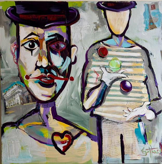 Juggler. $1800. 30 X 30 Acrylic and Paper on Canvas